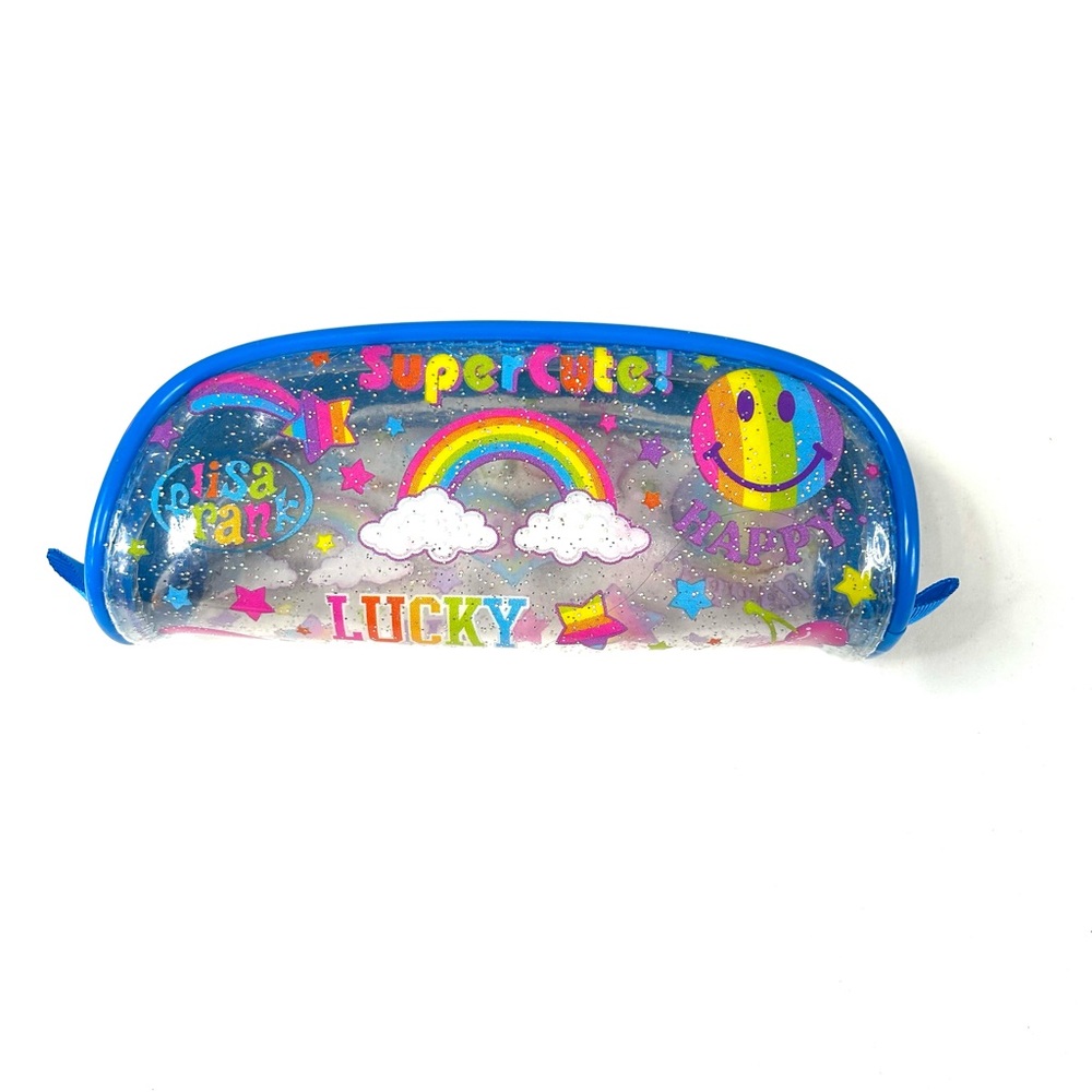 Vintage Lisa Frank Pouch Bag Clear Blue Zipper Smiley Face Rainbow Pink #3465